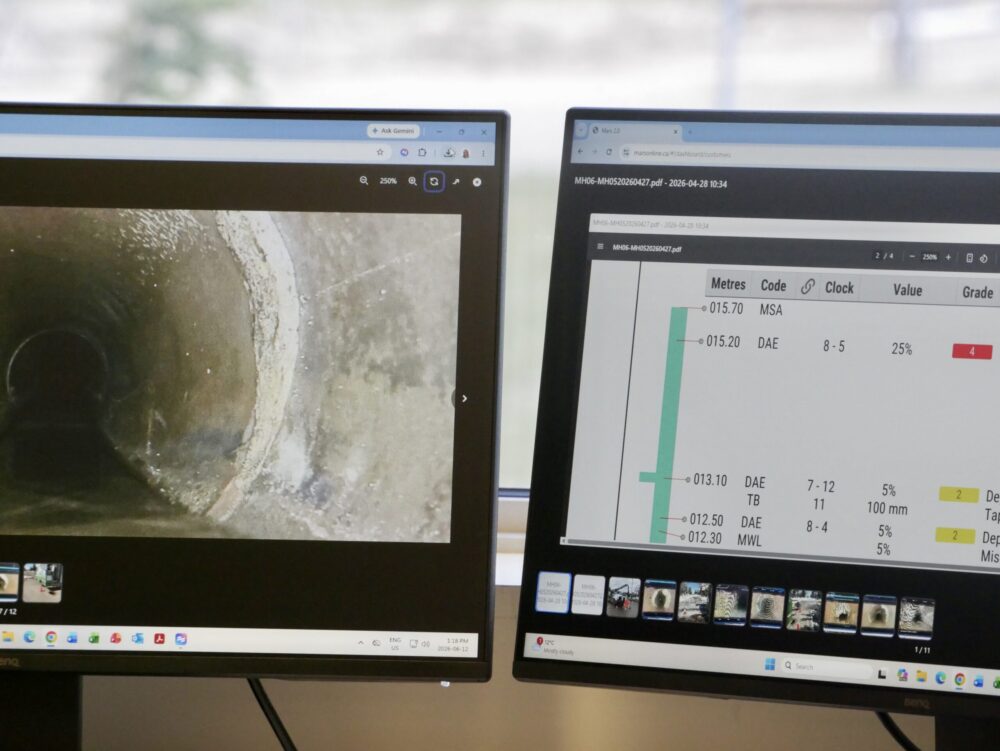 Two computer screens displaying a CCTV pipe inspection view and a NASSCO rating system evaluation for infrastructure condition assessment.