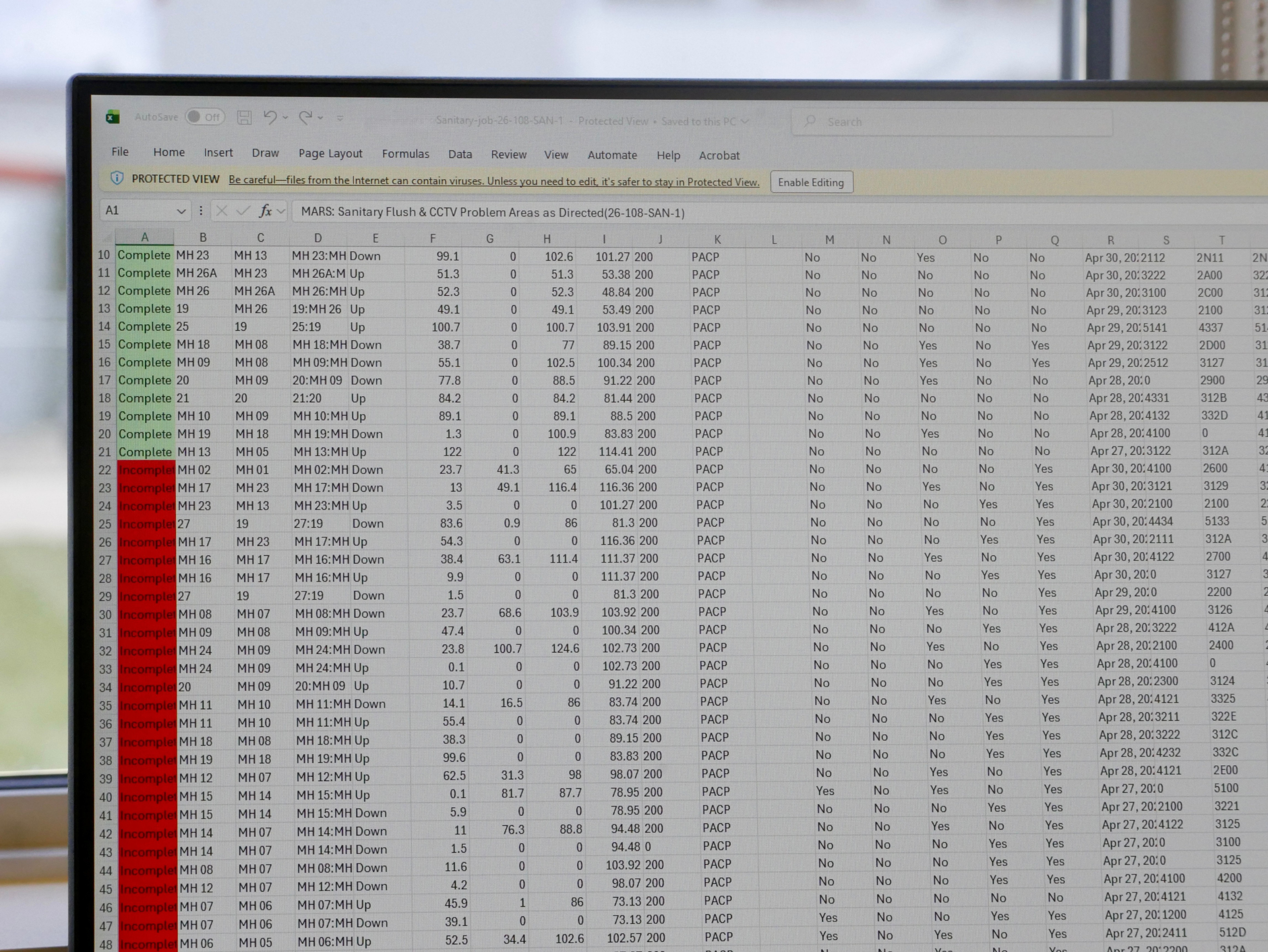 Excel data being prepared for upload into MARS software for client reporting